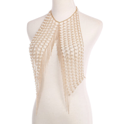 Sexy exaggerated pearl tassel chest chain