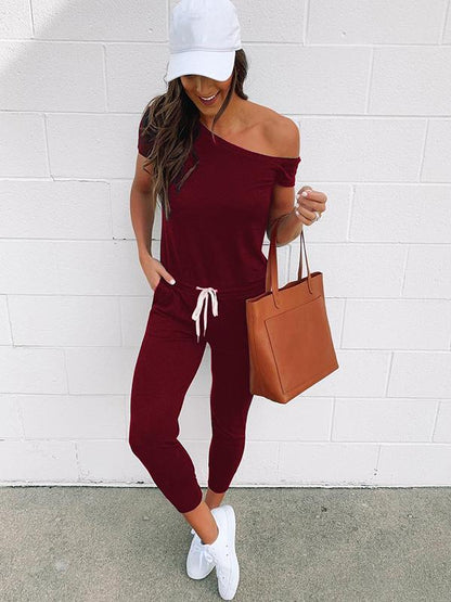 Short Sleeved With Slanted Shoulder Athleisure Jumpsuits