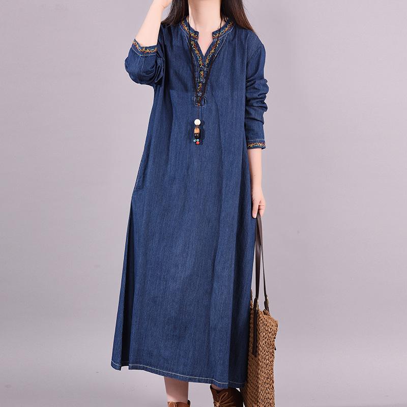 Buykud Solid Color Denim Loose Embroidery V-neck Dress