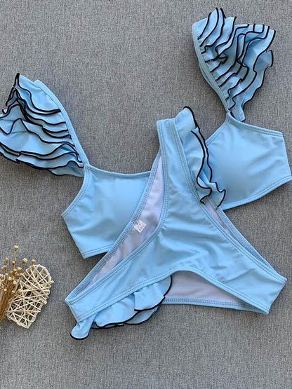 Bandeau Falbala Plain Bikinis Swimwear