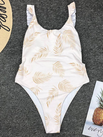 Leaves Printed Ruffle One-Piece Swimsuit