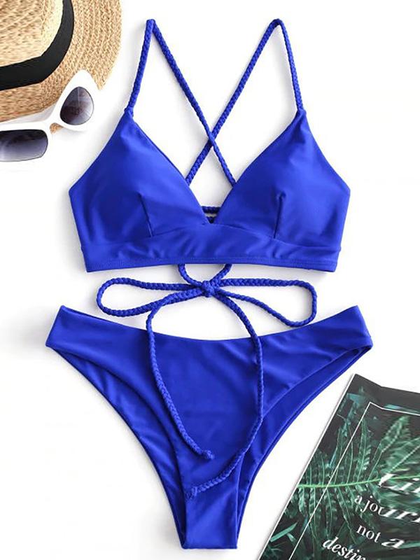 Solid Color Backless Bandage Split Bikini Swimsuit