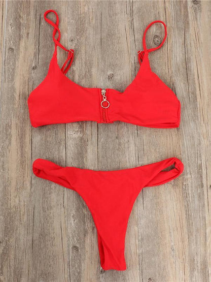 Zipper Top Plain Bikinis Swimwear