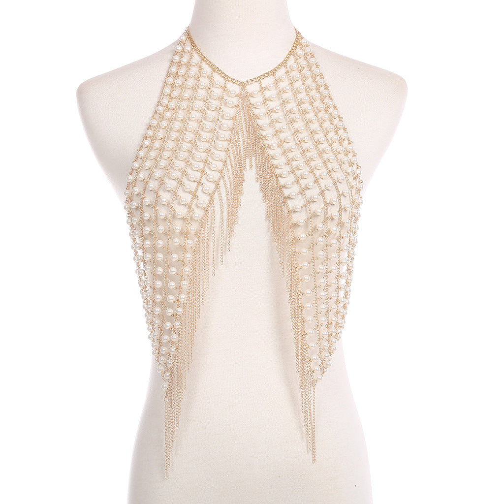 Sexy exaggerated pearl tassel chest chain