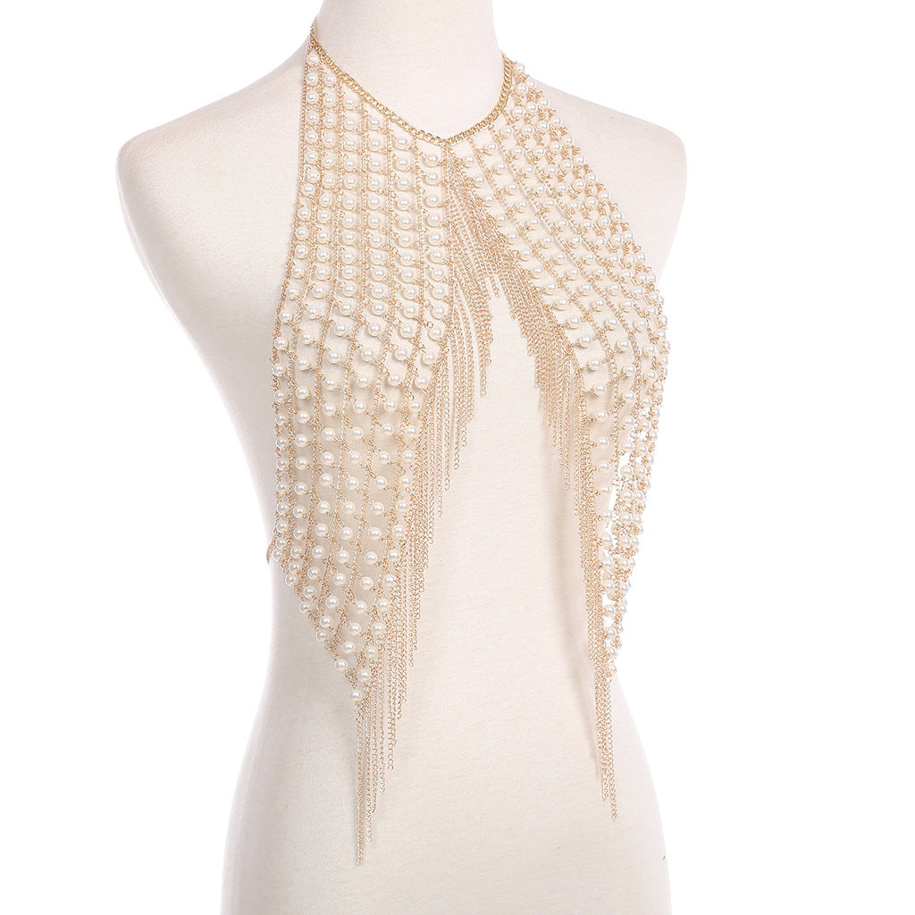 Sexy exaggerated pearl tassel chest chain