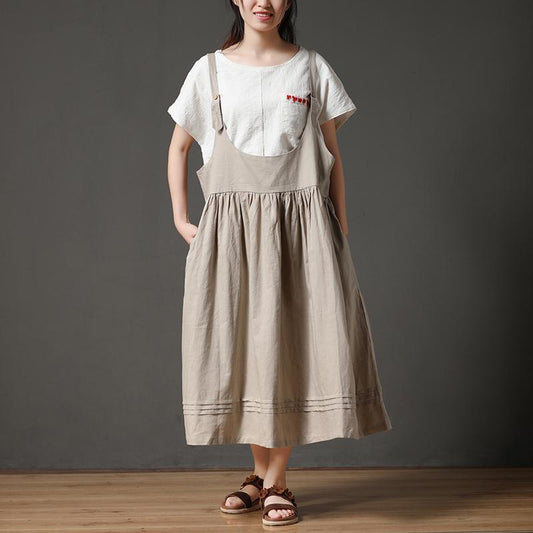 Beige Cotton Linen Loose Women Pleated Casual Dress