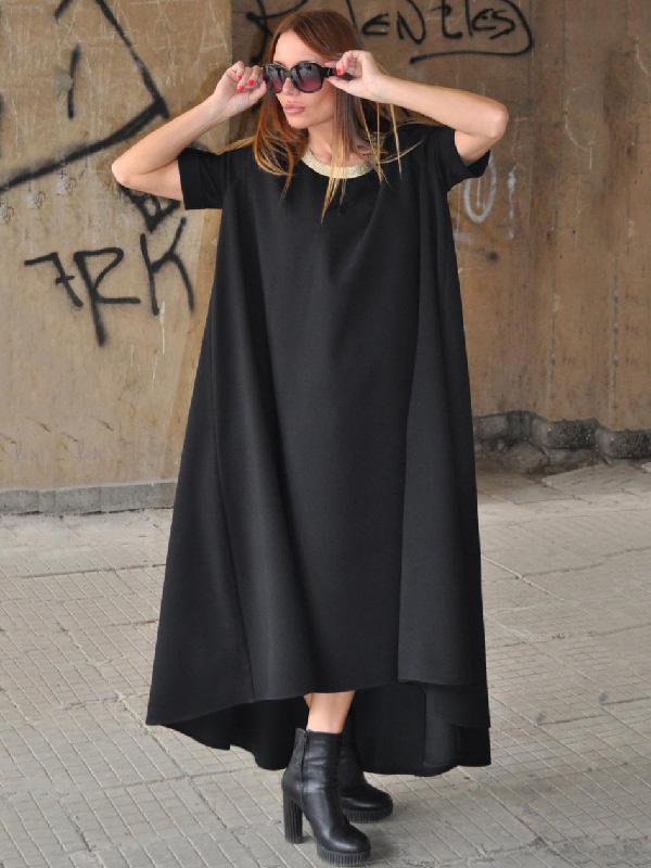 Black Round-neck High-low Short-sleeves Long Dress