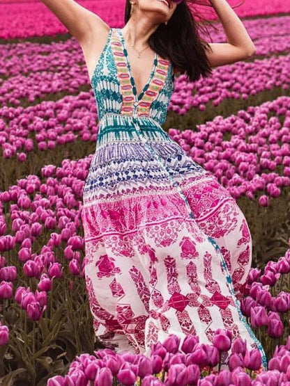Floral Deep V-neck Split-side Maxi Dress