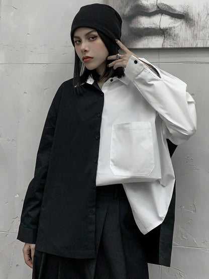 Stylish Contrast Color Split-Joint With Pocket Buttoned Lapel Color Long Sleeves Blouse