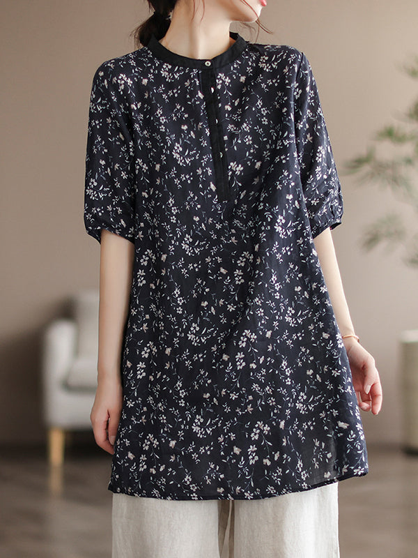 Vintage Half Sleeves Ramie Floral Printed Thin Black T-Shirt