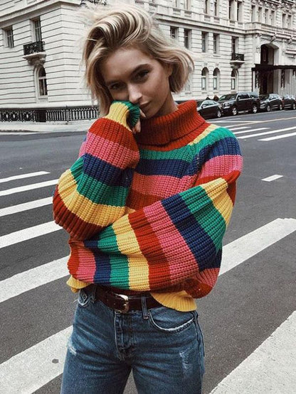 Multicolor Striped Knitting Sweater Tops