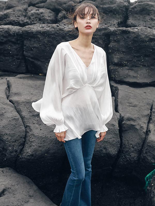 V-neck Chiffon Puff Sleeves Loose Shirt Top