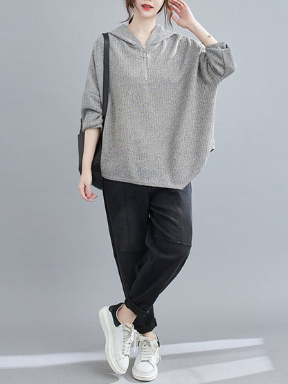 Urban Solid Color Knitting Batwing Sleeves Hoodies Top