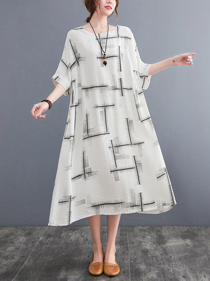 Artistic Retro Loose Striped Printed Contrast Color Midi Dress