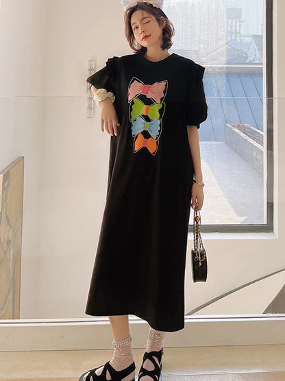 Original Split-Side Printing Puff Sleeve Midi Dress