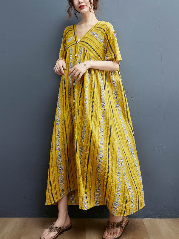 Floral Printed Casual V-Neck Buttoned Midi Dress