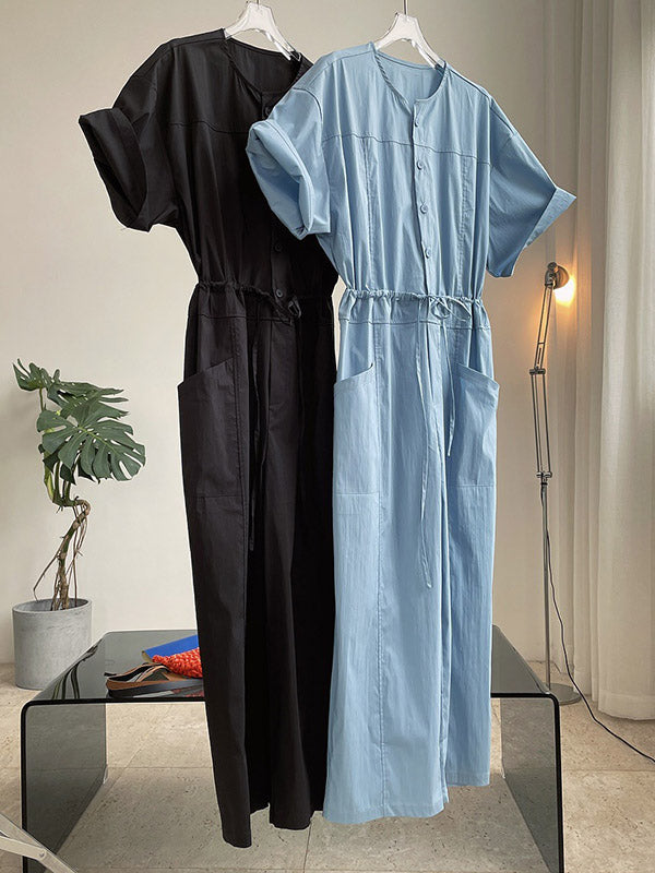 Urban Drawstring Elastic High Waisted Short Sleeves Wide Leg Jumpsuits