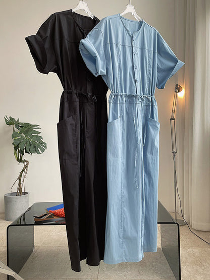 Urban Drawstring Elastic High Waisted Short Sleeves Wide Leg Jumpsuits