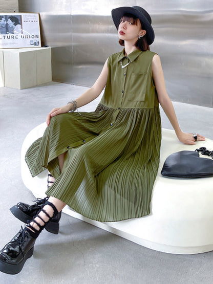 Fashion Split-Joint Pleated Sleeveless Lapel H-Line Midi Dress