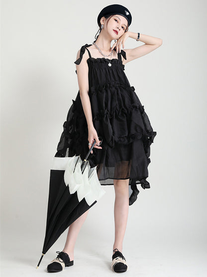 Stylish Cropped Pleated Split-Joint Bandage Spaghetti-Neck Midi Dress