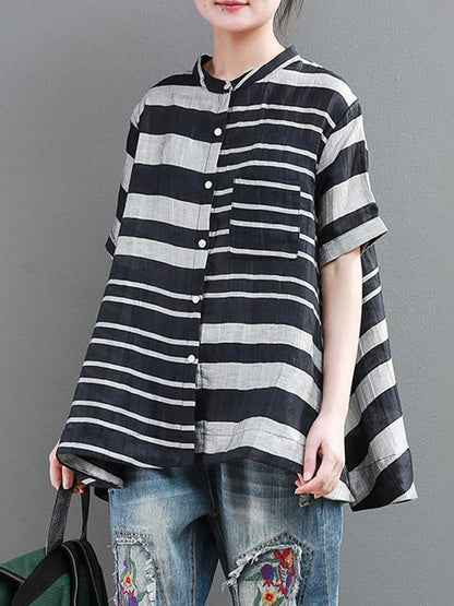 Vintage Loose Striped Stand Collar Shirt