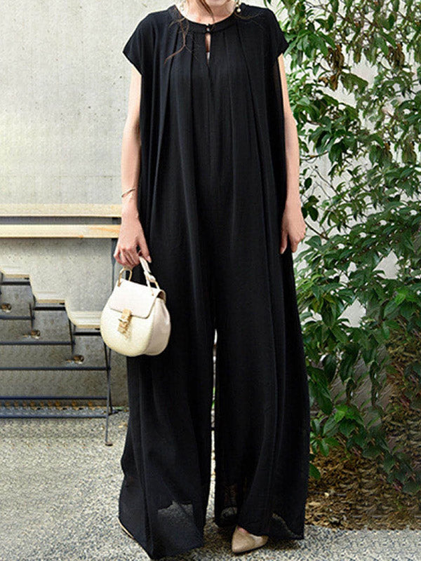 Stylish Chiffon Pleated Hollow Round-Neck Wide Leg Jumpsuits
