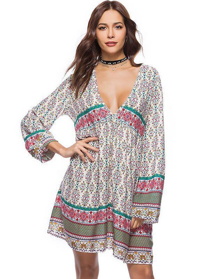 Bohemia Floral-printed V-neck Mini Dress