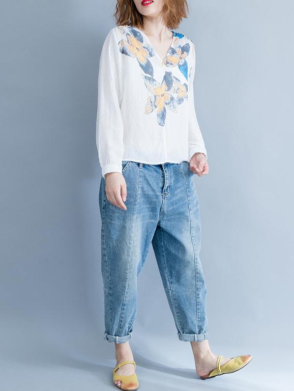 Loose Plus Size Flower Printed Blouse Tops