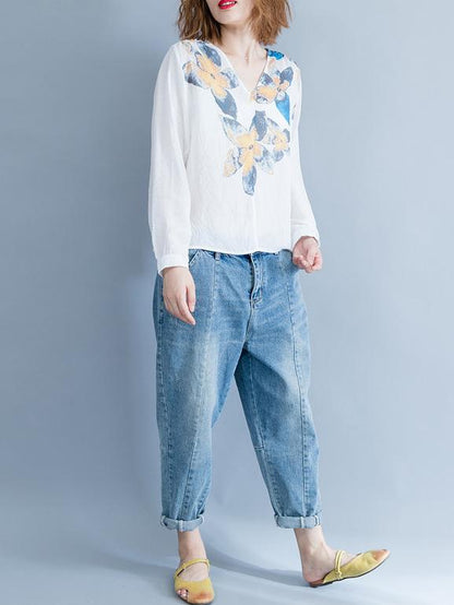 Loose Plus Size Flower Printed Blouse Tops