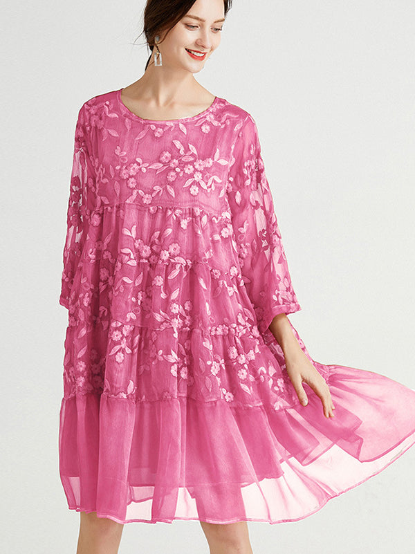 Original Loose Embroidered Solid Color Pleated Midi Dress