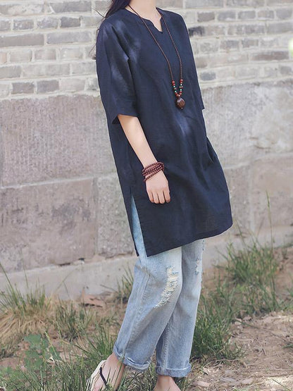 Simple Ramie Cotton V-neck Tops