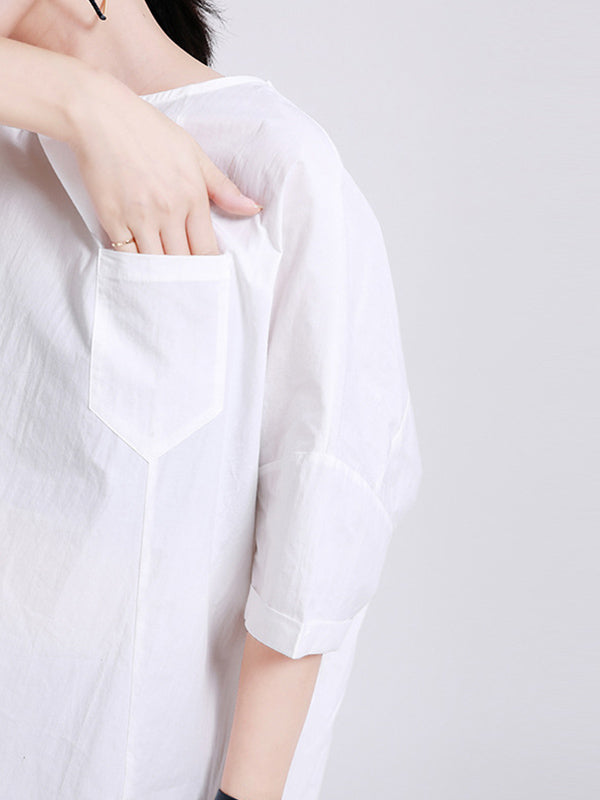 Casual Split-Back Split-Joint With Pocket Solid Color Round-Neck Half Sleeves T-Shirt