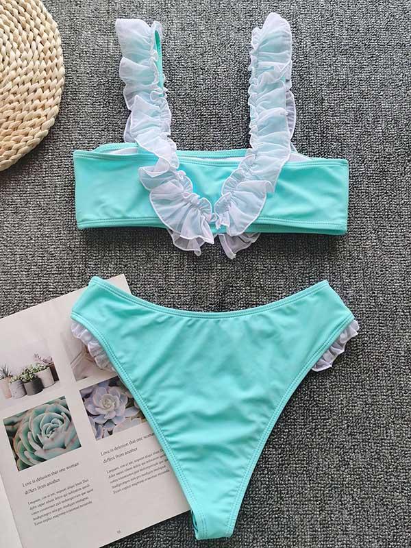 Ruffled Embellished Bandeau Split Bikini Swimsuit