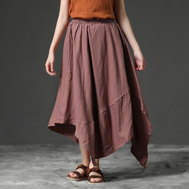 Casual Red Irregular Hem Linen Women Skirt