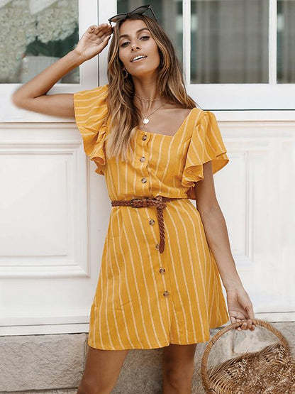 Square Collar Casual Stripped Mini Dress