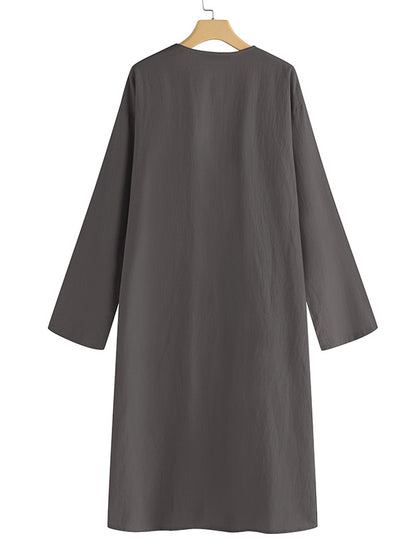 Simple Ramie Cotton Solid Color Long Sleeves Long Outerwear