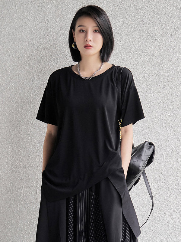 Original Black&White Asymmetric Round-Neck Short Sleeves T-Shirts