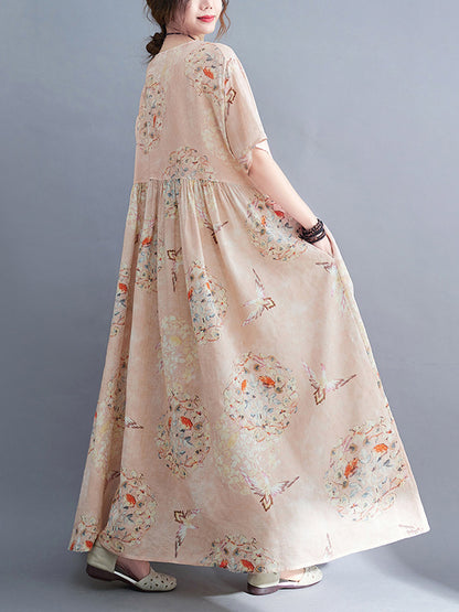 Artistic Retro Loose Floral Printed Pleated Half Sleeves Midi Dress