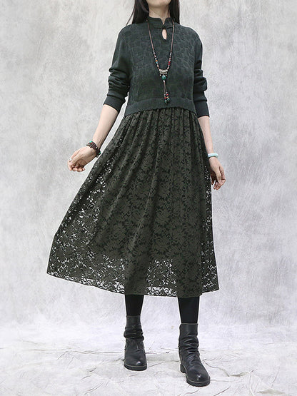Artistic Retro Solid Color Split-Joint Buttoned Embroidered Hollow Lace Stand Collar Long Sleeves Knitted Sweater Dress