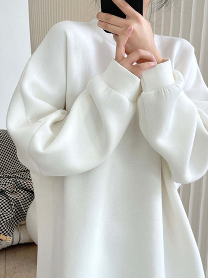 Simple Loose Solid Color Split-Joint Round-Neck Long Sleeves Midi Dress