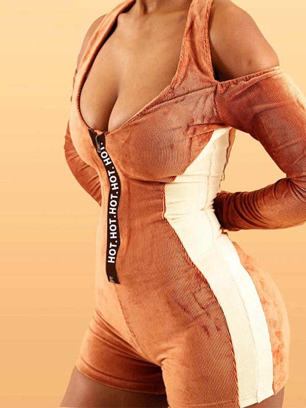 Contrast Color Long Sleeves Halter Neck Rompers