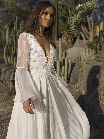 Printed Bandage Waisted Flared Sleeve Evening Dress