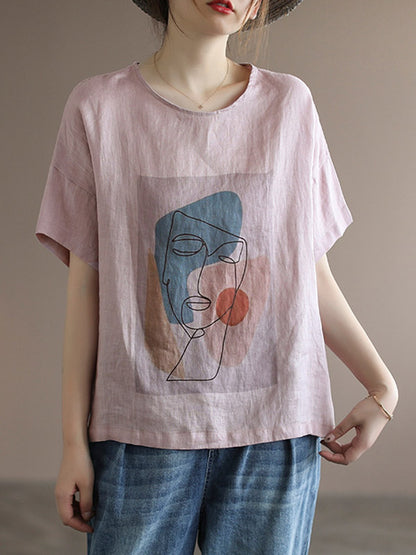 Original Linen Cartoon Printed Short Sleeve T-Shirts Tops
