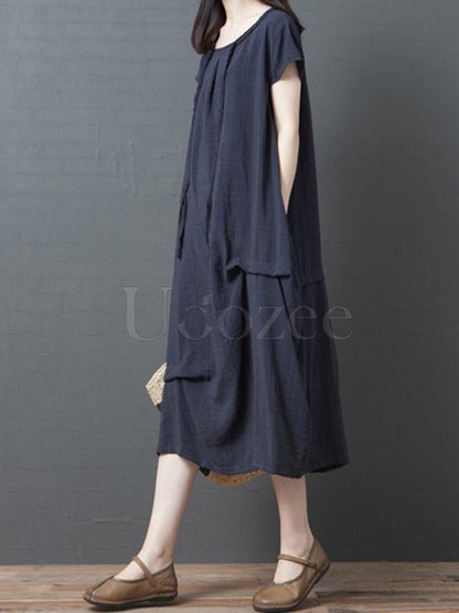 Casual Solid Ruffled Round-neck Midi Dress