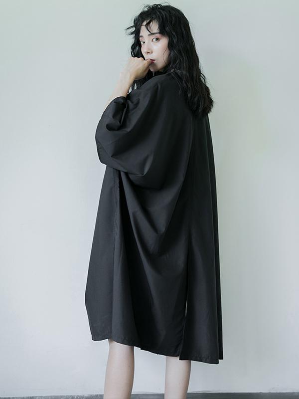 Simple Black Lace-up Batwing Sleeves Dress