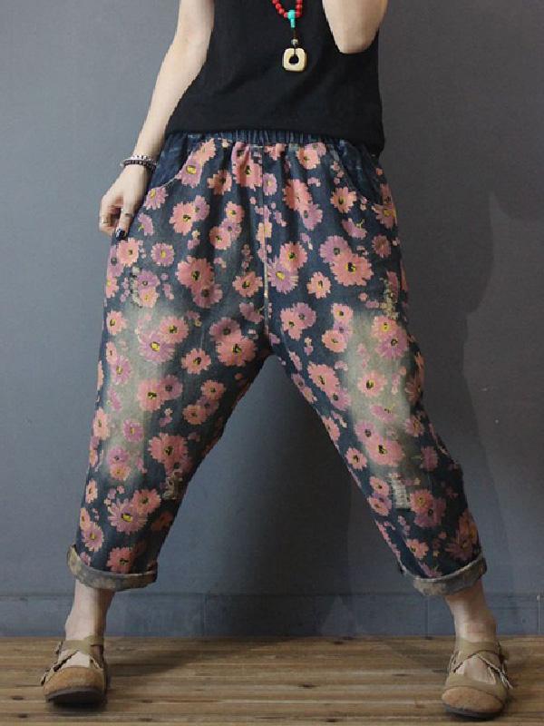 Vintage Floral Elastic Waist Harem Jean Pants