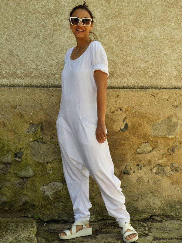 Casual Solid Color Split-Joint With Pocket Round-Neck Half Sleeves Wide Legs Jumpsuit