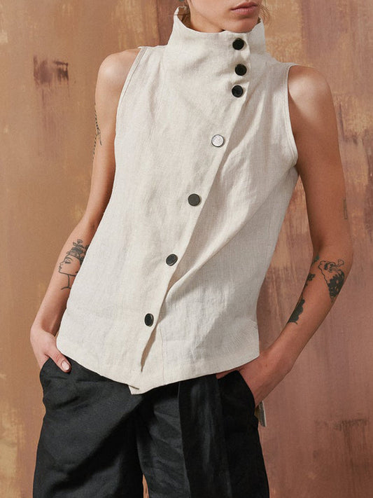 Vintage Ramie Cotton Split-Side Sleeveless Stand Collar Vest Top