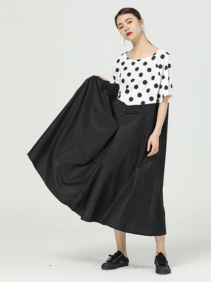 Original Split-Joint Polka-Dot Contrast Color Round-Neck Short Sleeves Midi Dress