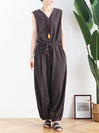 Original Solid Elasticity V-Meck Jumpsuits